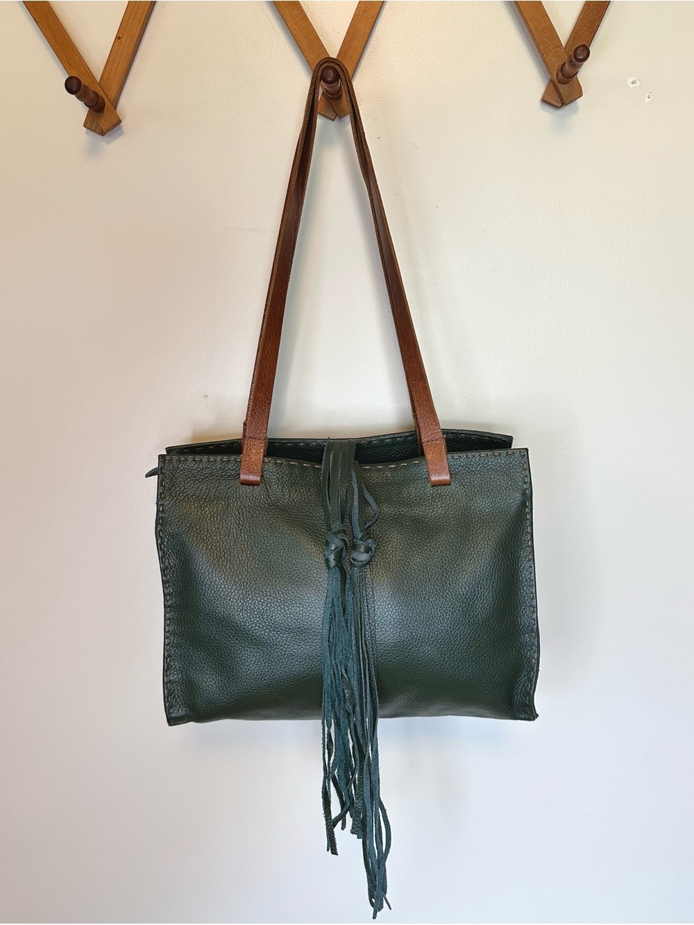 Carla Mancini Monterey Green Leather Whipstitch Tassel Tote Bag Handcrafted USA